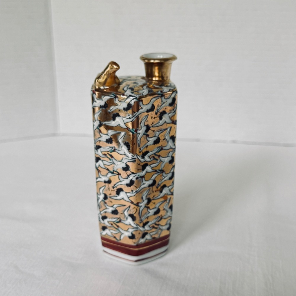 Kutani Sake Bottle Japanese Porcelain Gold Gilt Flying Crane Bird Motif Good